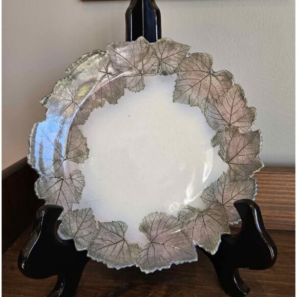 Vintage Handmade Pottery Plate with Naturalistic Leaf Imprints - Picture 1 of 6